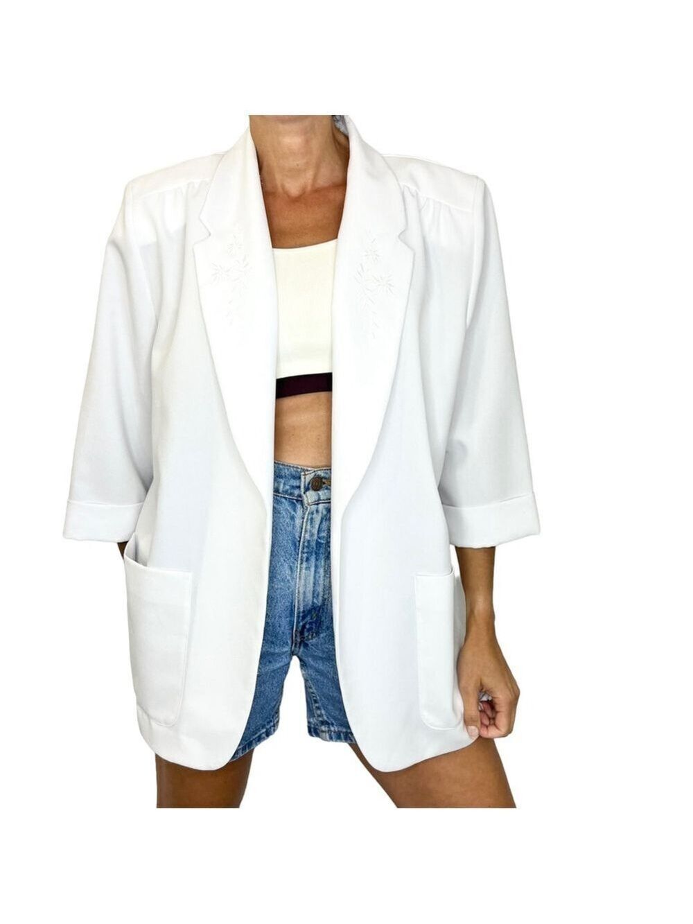 Vintage 80s 90s 3/4 sleeve white open front floral embroidered boxy blazer